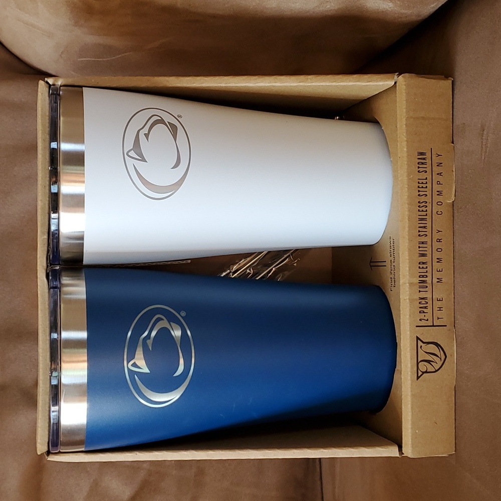 Penn State tumblers with stainless steel straws